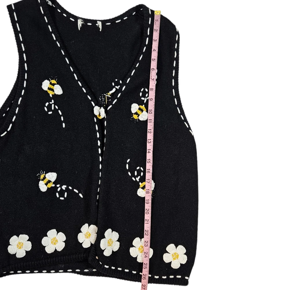 Vintage 90s Bumblebee Daisy Knit Vest Sz XL ? 3D Beaded Boho Grannycore Cottage - Picture 15 of 16